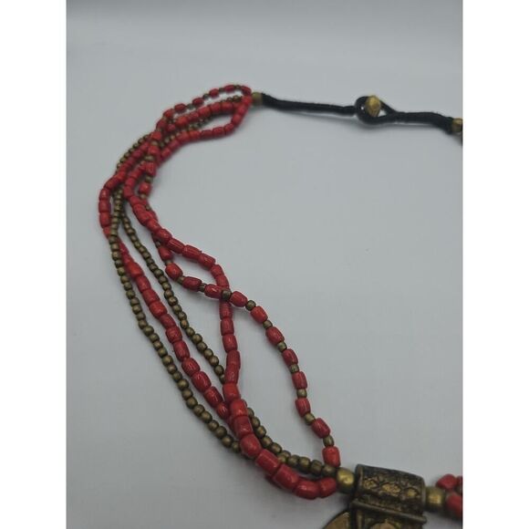Vtg Southwestern Native American Brass Pendant Red Beads 18" - Picture 3 of 10